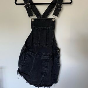 Black Distressed Denim Short Overalls